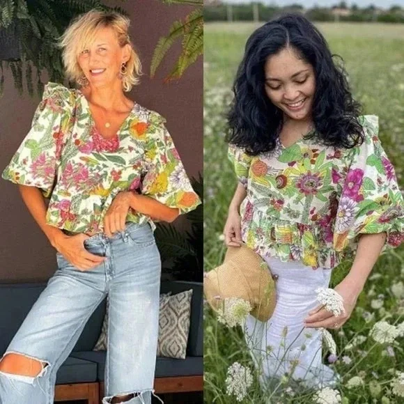 Love The Label Mitzie Floral Ruffle Blouse Boho Cotton Peplum Top - Picture 2 of 7